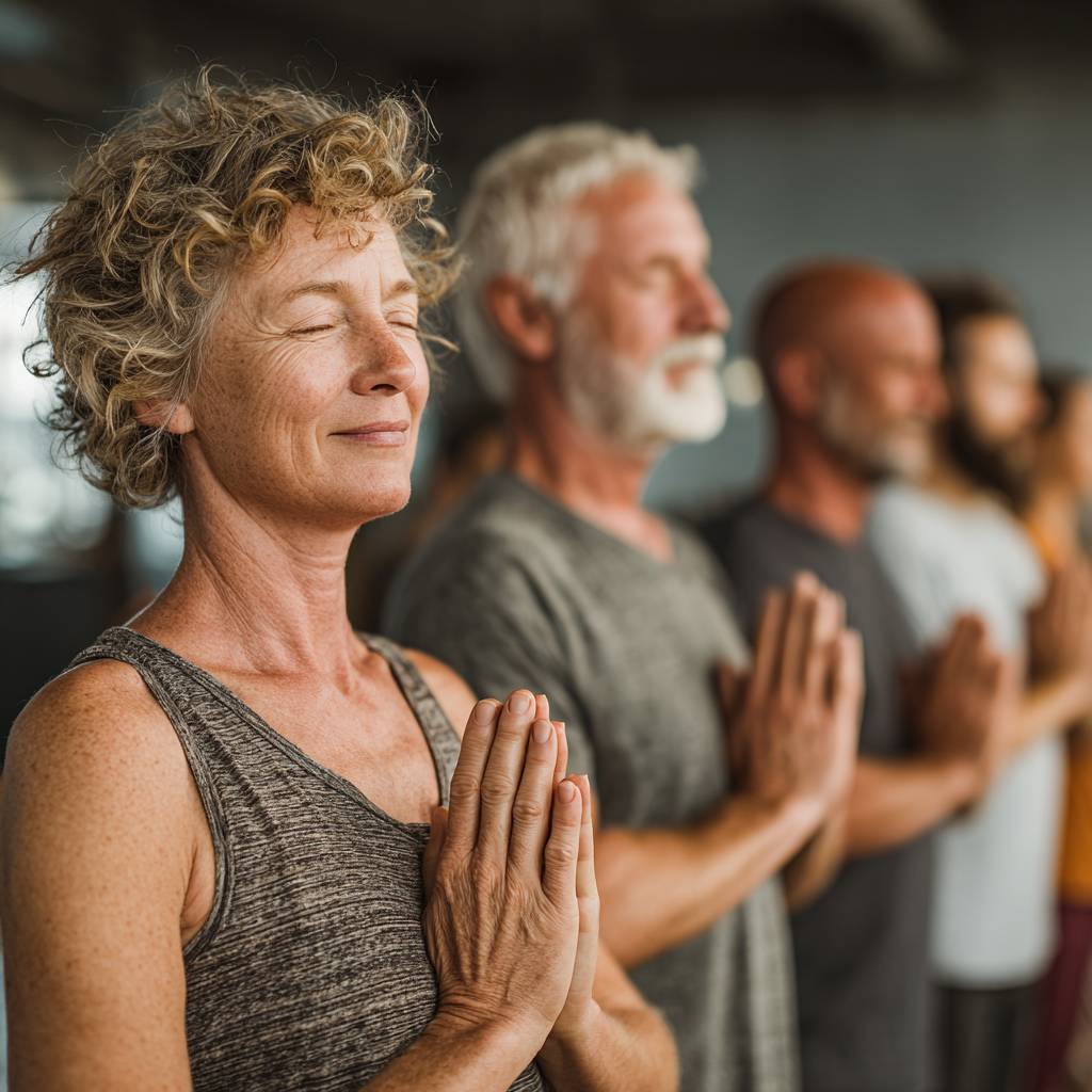 A group of mature adults, aged 42-55, practicing yoga together in a serene studio setting, showing diversity and inclusivity