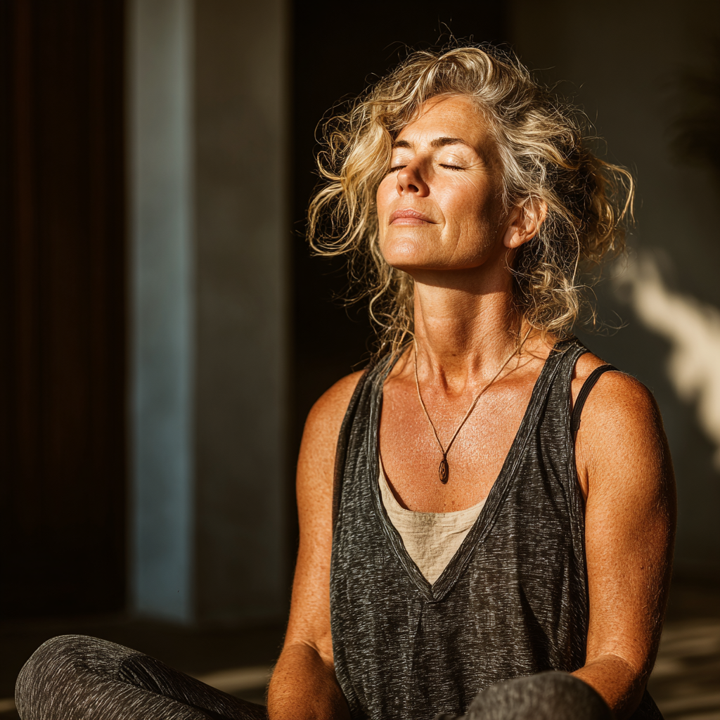 Mature woman in a peaceful yoga pose, sitting cross-legged with eyes closed in meditation, aged around 45-50, in natural light setting