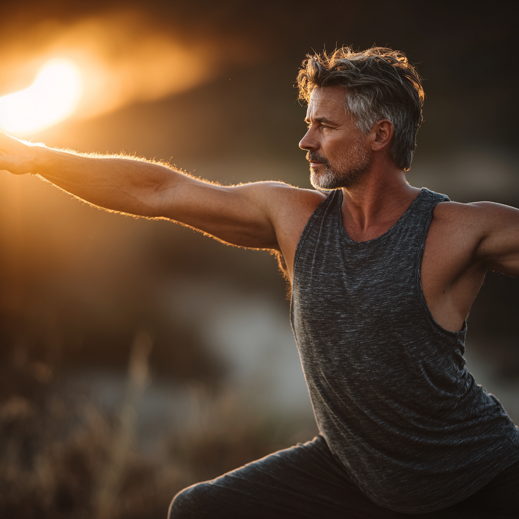 Middle-aged man in a yoga warrior pose, demonstrating strength and balance, aged around 48-52, in a serene outdoor environment